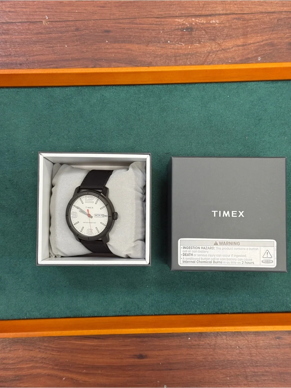 Timex Black Leather Strap Watch with White Dial and Red Seconds Hand Mens Watch